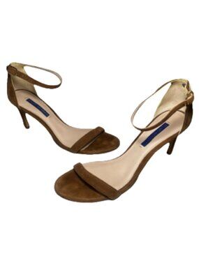 Stuart Weitzman Nudist II Designer Sandal Stiletto Heels Sz 7.5 Tan Suede Luxury